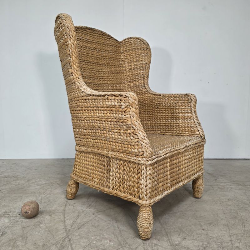 Large wingback armchair woven from seagrass. Alternate view