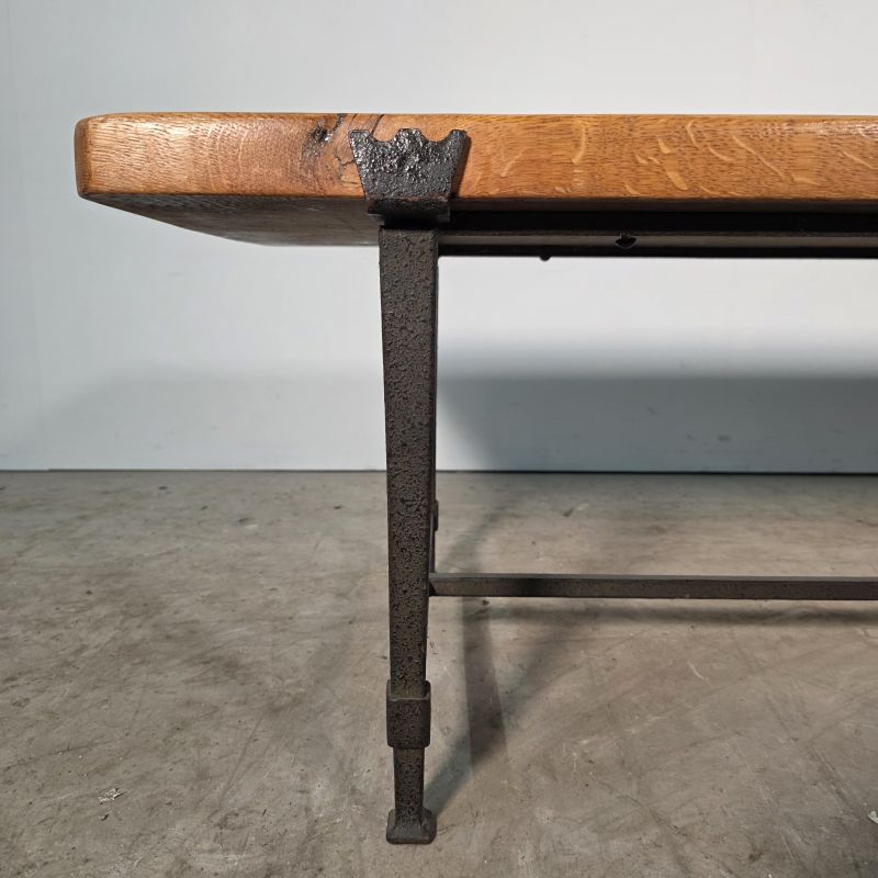 Nice oak and wrought iron coffee table. Alternate view