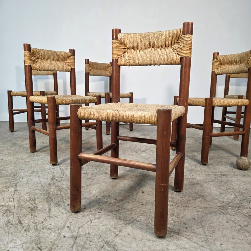 Set of 6 straw-seated chairs circa 1960. Alternate view